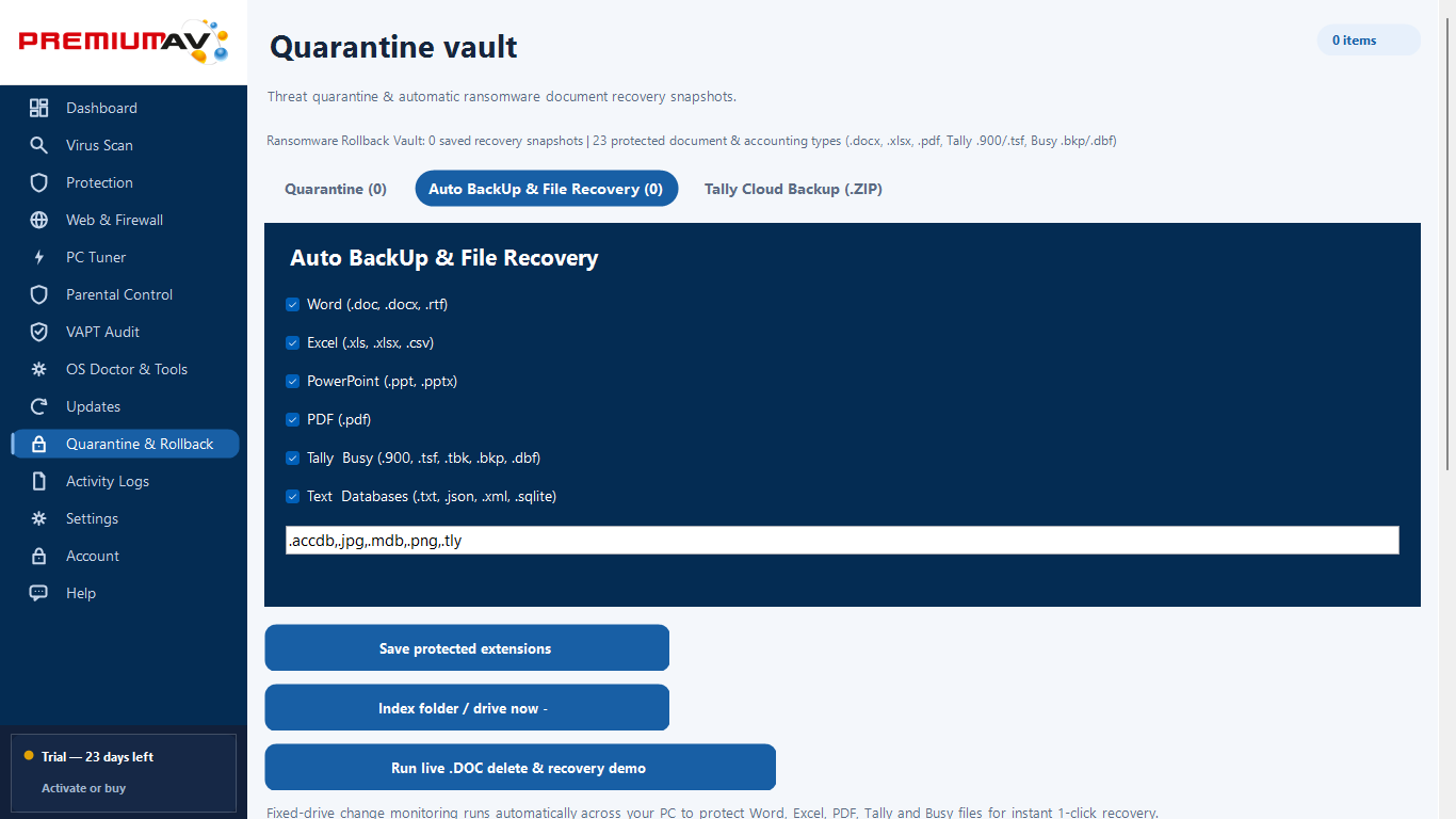 PremiumAV Automatic Backup & Recovery