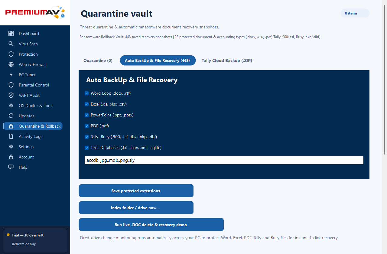 PremiumAV Automatic Backup & Recovery