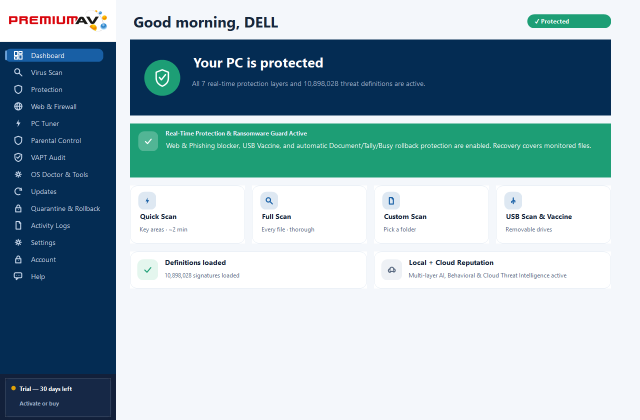 PremiumAV Total Security live dashboard