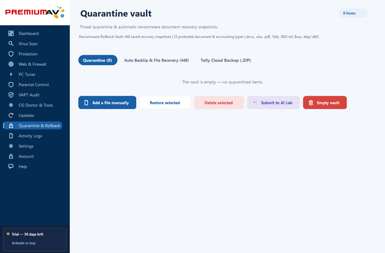 PremiumAV Quarantine & Rollback