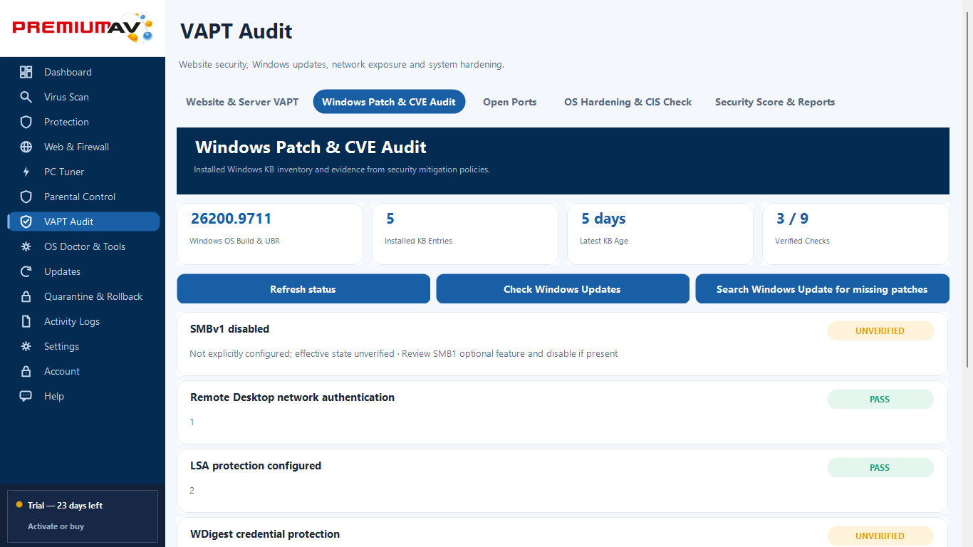 PremiumAV Windows Patch & CVE Audit