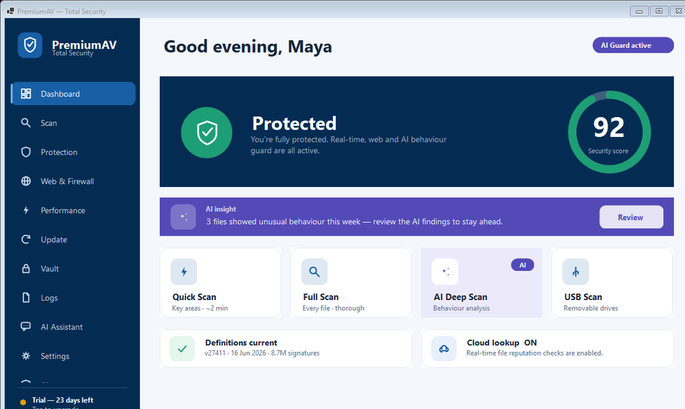 PremiumAV dashboard with security score