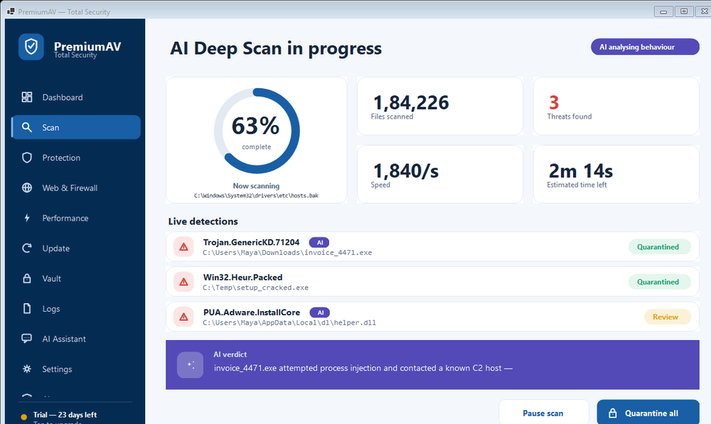 PremiumAV AI Deep Scan in progress