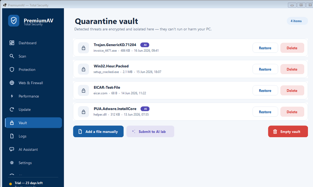 PremiumAV quarantine vault
